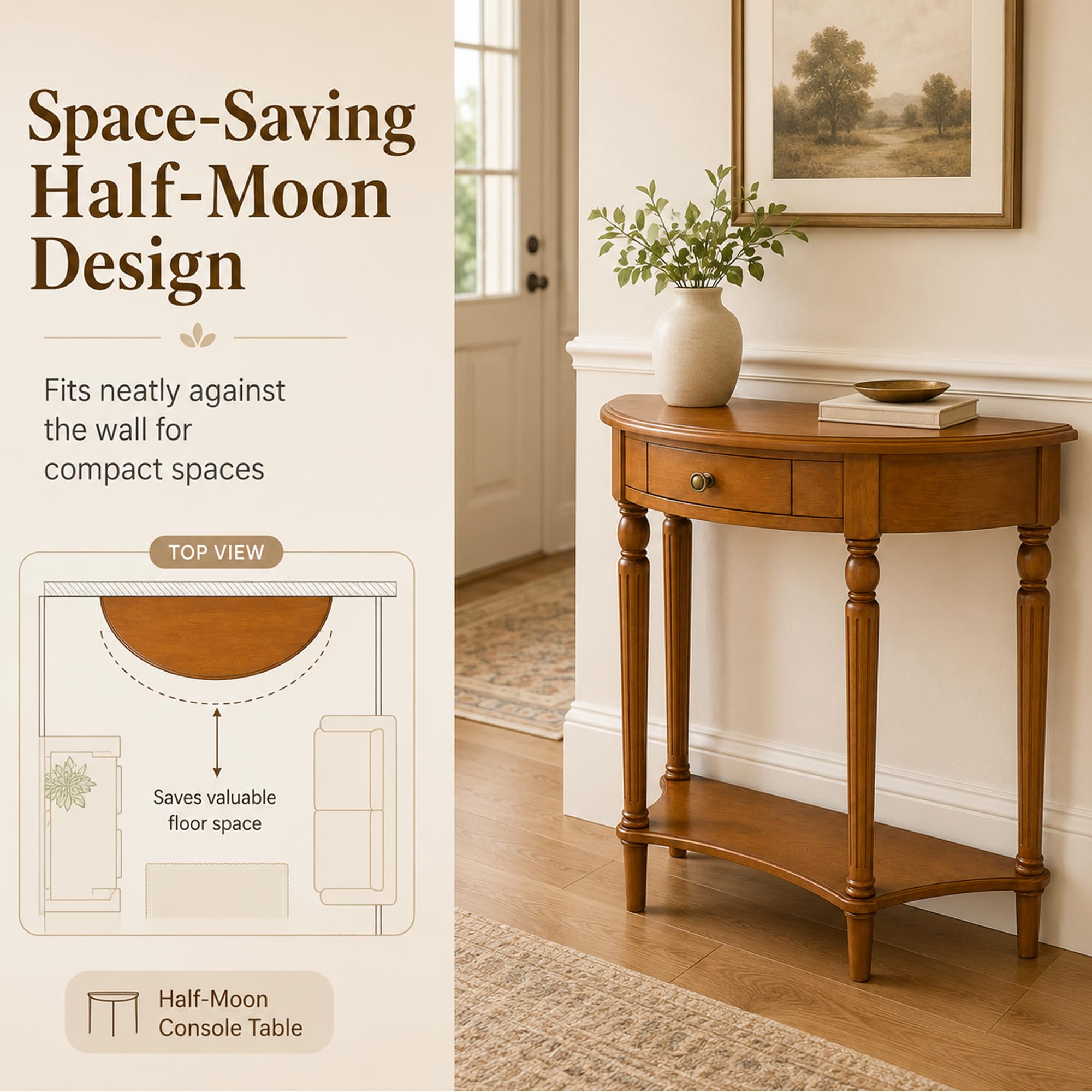 Table Console Demi Lune avec Tiroir Et Étagère en Bois Massif