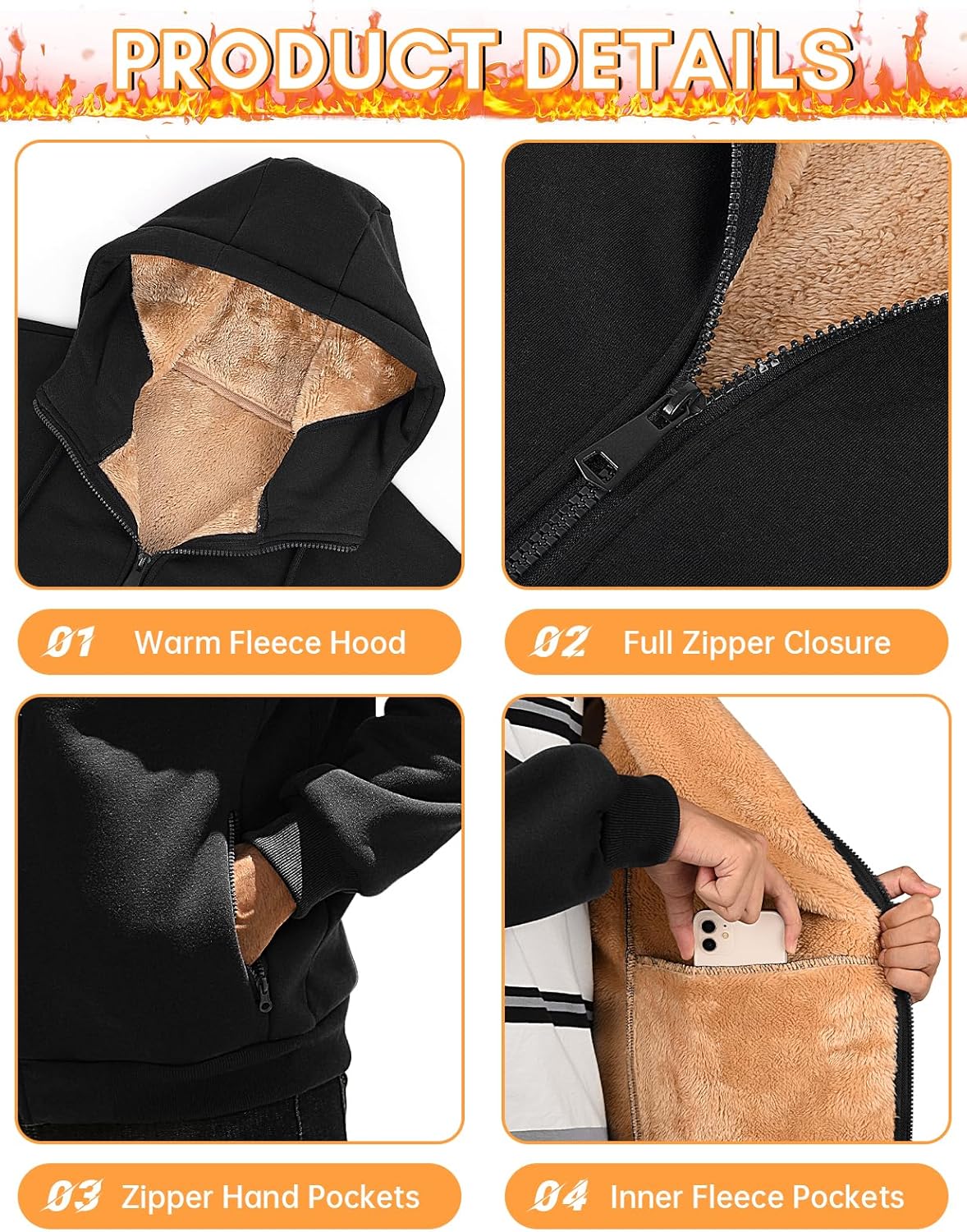 Men's Fleece Hoodie Winter Zip Up Sweatshirt Sherpa Lined Jacket Heavyweight Hoodies Pullover Warm Coat Hooded - Image 6