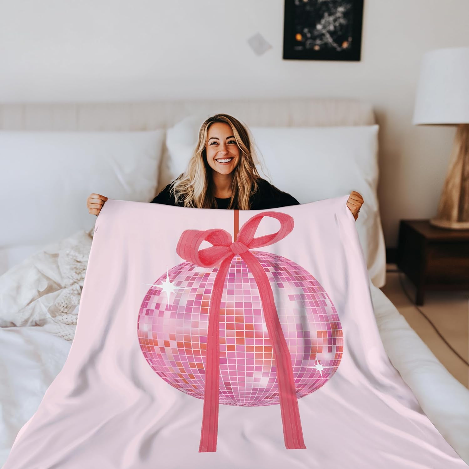 Pink Bow Disco Ball Decorative Blanket for Couch, Bed, Sofa - Trendy Funky Preppy Throw for Girls, Women - Cute Girly Bedroom Decor - 50x60 Inches image 5