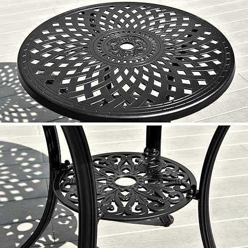 Miniatura 7 de DWVO Mesa de comedor redonda de 30 pulgadas para patio con agujero para paraguas, mesa de bistró de aluminio fundido antiguo para exteriores, mesa