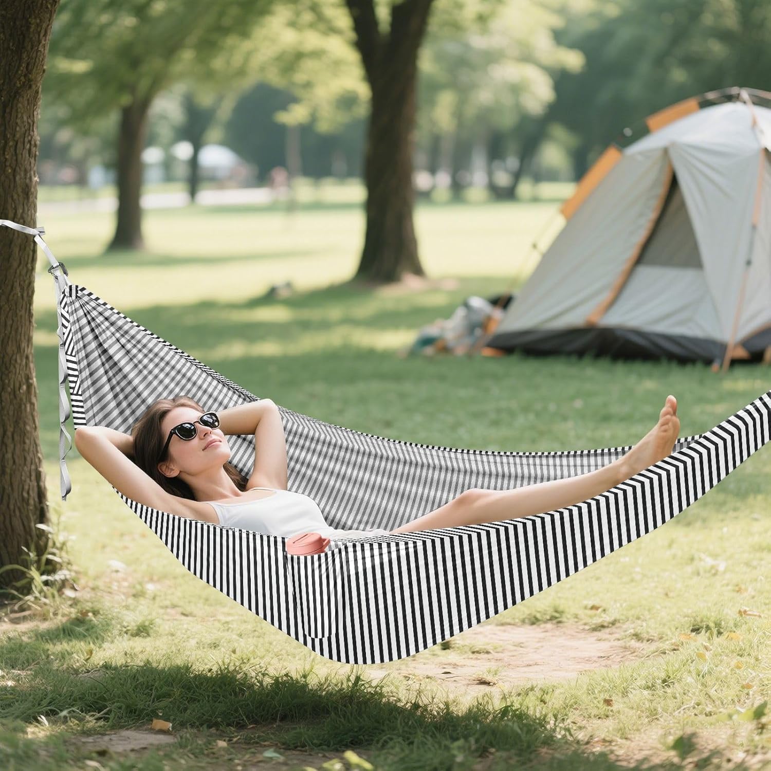ALAZA Black & White Stripes Camping Hammocks Single or 2 Person 500 lbs Portable Parachute Travel Hammock w/Tree Straps for Hiking Backpacking Indoor Outdoor
