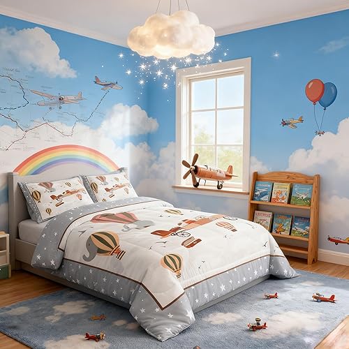 Miniatura 4 de Manfei Juego de edredón de dibujos animados para niños, tamaño individual, lindo juego de ropa de cama con globo aerostático para niños y niñas,