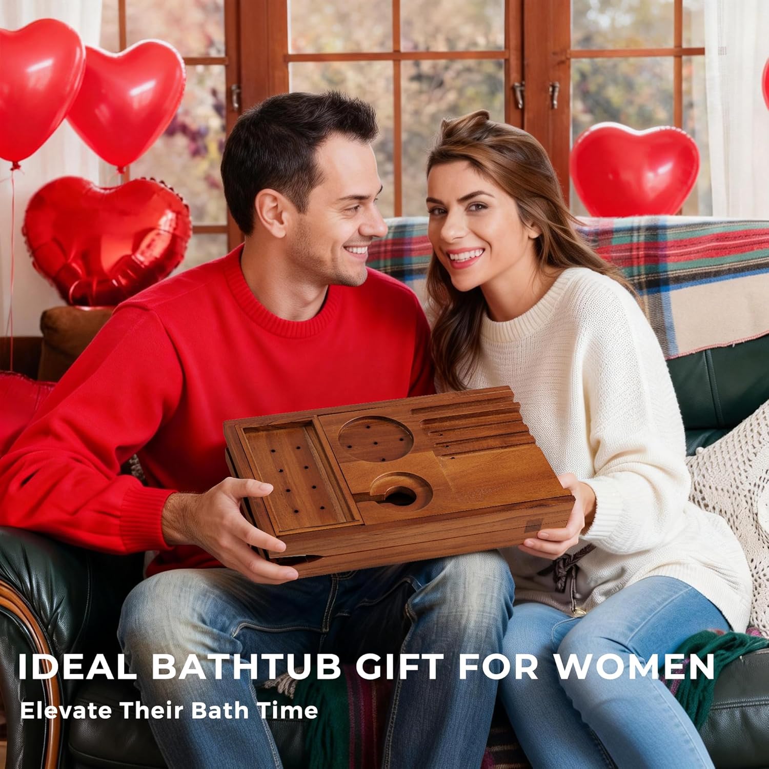 Teak Bathtub Tray, Luxury Bath Table Tray with Wine Glass and Phone Holders & Book Stand, Foldable Wooden Bathtub Caddy for Home Spa Relaxation, Bath Gift for Women（Natural Teak）