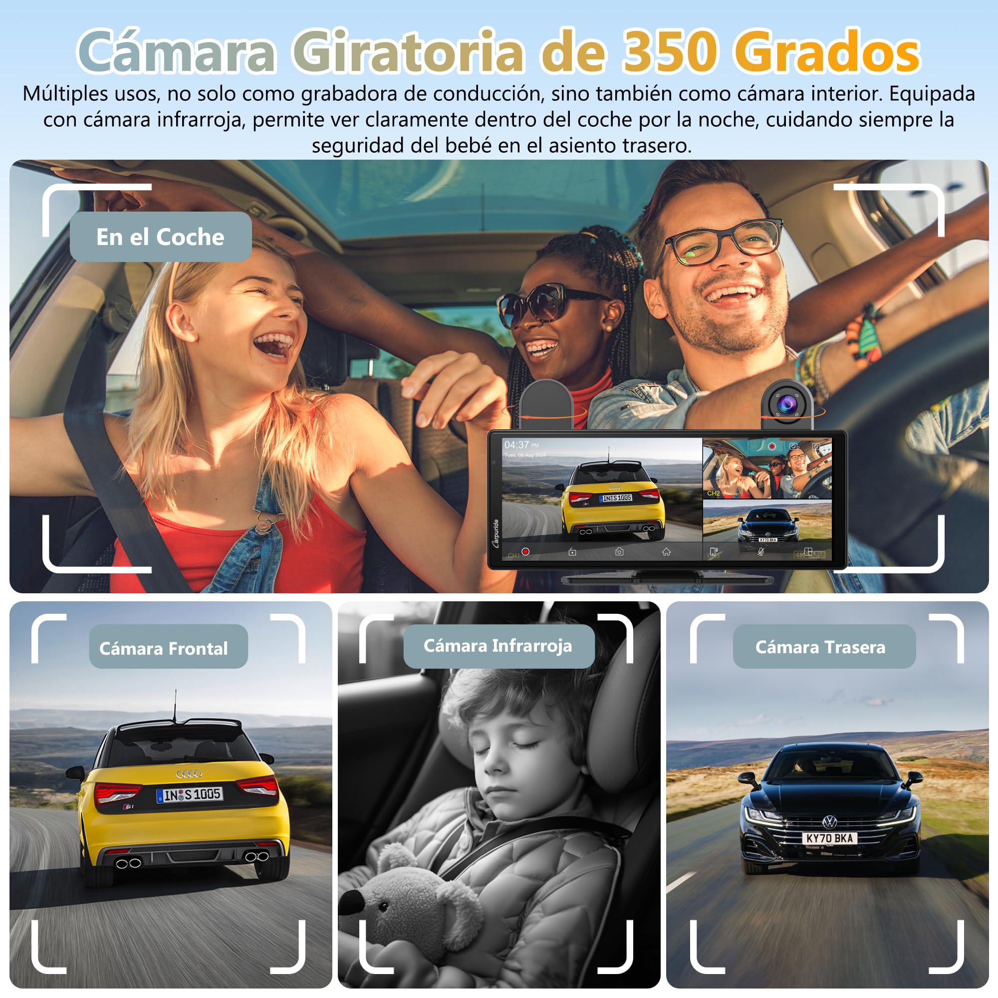 CARPURIDE W903S Pantalla con CarPlay y Android Auto y Dash CAM de 3 Canales | IPS HD de 9,3", Cám Frontal 4K, Cám Trasera 1080P,Cám Infrarroja 1080P, Grabación en Bucle, GPS, Bluetooth, Siri, Mirror Link