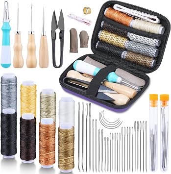 JUAYING 47 Pcs Leather Sewing Kit, Leather Upholstery Repair Kit, Hand Sewing Needles with Big Eye, Sewing Thread, for DIY Beginners, Leather Craft Sewing Tools