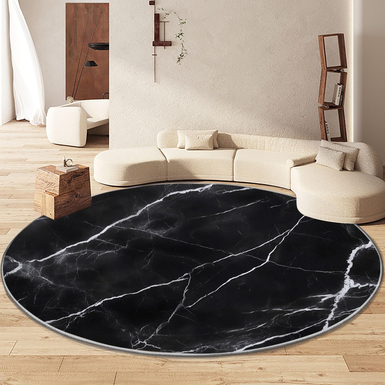 Round Rug 4 ft for Living Room, Marble Black Texture Soft Circle Area Rug, Marble Texture Low-Pile Classroom Carpet - Washable Carpet 4' x 4' for