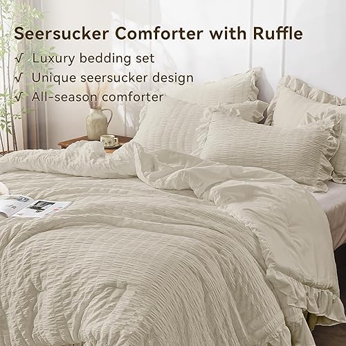 Miniatura 98 de JOLLYVOGUE - Juego de edredón tamaño queen, de 3 piezas, estilo seersucker, ligero y esponjoso para todas las estaciones, con 1 edredón con volantes