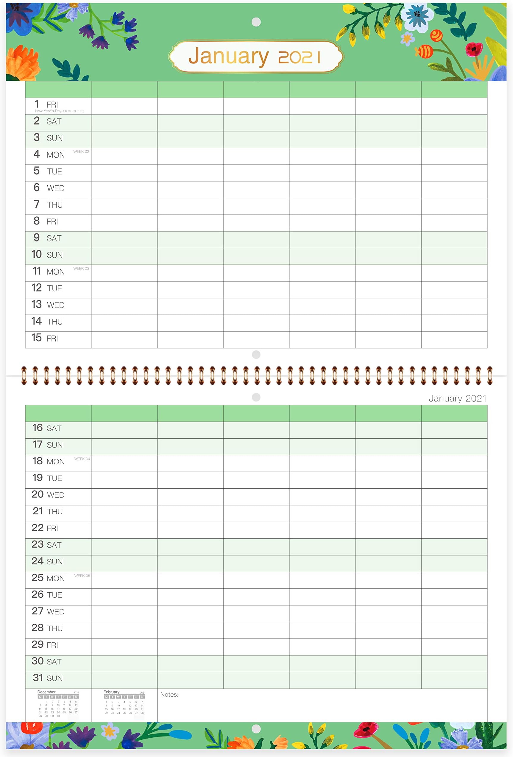 2021 Wall Calendar/Family Planner - Month to View 2021 Family Organizer with Inner Pocket, Twin-Wire Binding, Thick & Sturdy Paper, 6 Ruled Blocks per Day, 39 X 58 cm(Open)