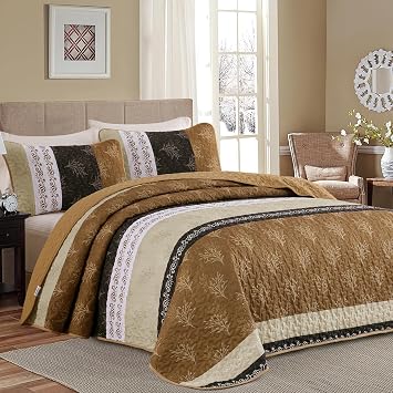 DJY King Quilt Set, Lightweight Striped Bedspread Bedding Set, Dark Brown | 3 Pieces Soft Microfiber Striped Branch Bedspread, All Seasons Quilts Queen Size for Bed110"x90" Master/Guest Bedroom Decor