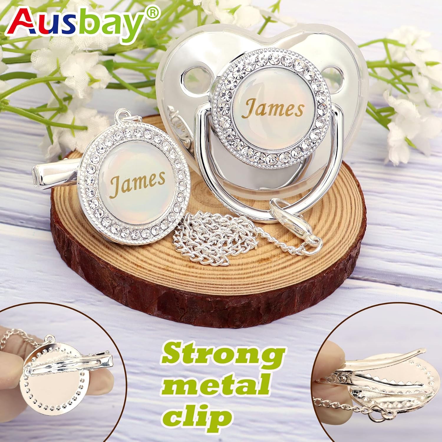 Personalized Pacifier Set with Name, BPA Free, Bling Gold Silver Pink Rose Gold Luxurious Ideal Gift for Newborns (Gold) - Image 3