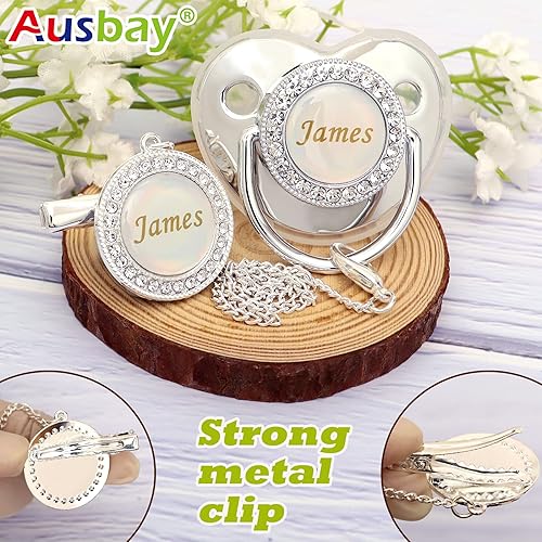 Miniatura 3 de Juego de chupete personalizado con nombre, sin BPA, dorado, plateado, rosa, oro rosa, lujoso, regalo ideal para recién nacidos (plateado)