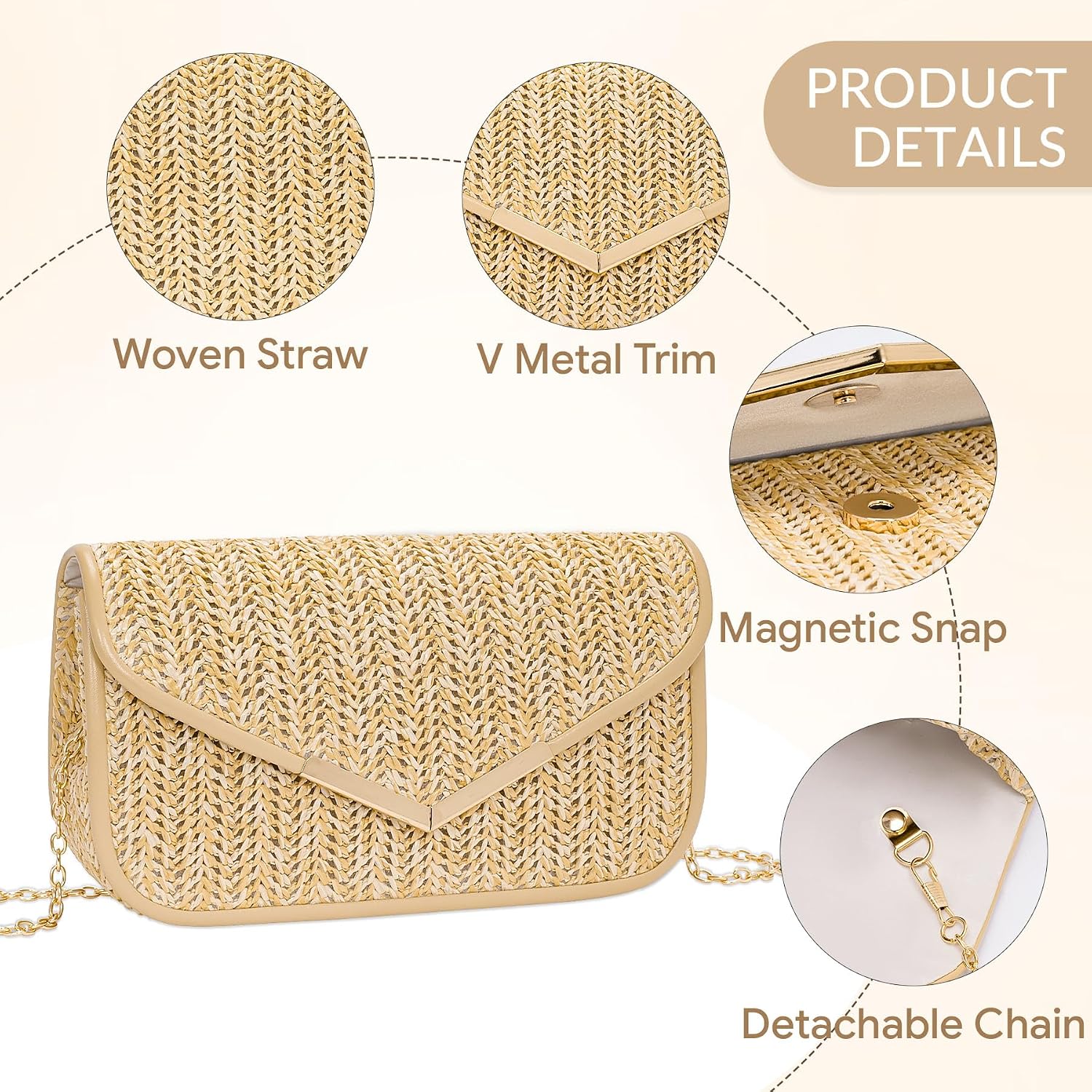 Straw Clutch Purses for Women, Summer Envelope Handbags with Detachable Golden Chain, Elegant Evening Bag with Leather Trim Design, Beach Woven Crossbody Bag for Wedding Vacation Party Prom