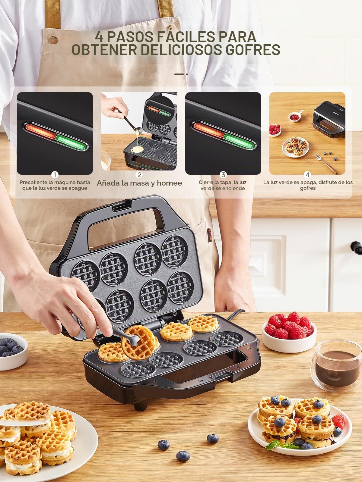 Gofrera Reemix – Mini gofrera para 8 gofres de 4,8 cm, diseño compacto con superficie antiadherente, fácil de usar, calentamiento rápido, ideal para desayunos y meriendas, color negro