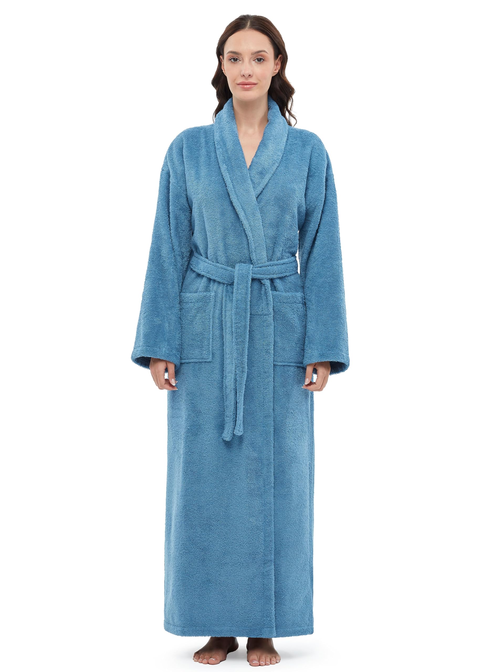 Arus Women's Shawl Collar Robe, Turkish Terry Cotton Bathrobe,with Regular and Full Length Options, Blue Gray, L/XL