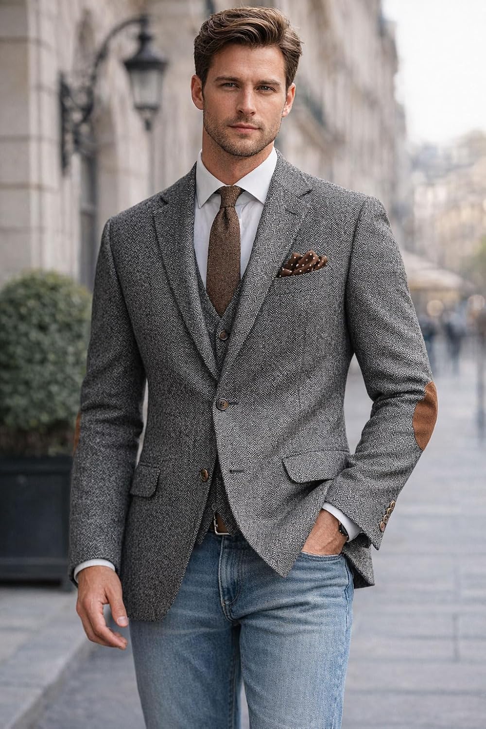 Men's Herringbone Tweed Blazer with Elbow Patches Vintage 2 Button Slim Fit Classic Business Suit Jacket