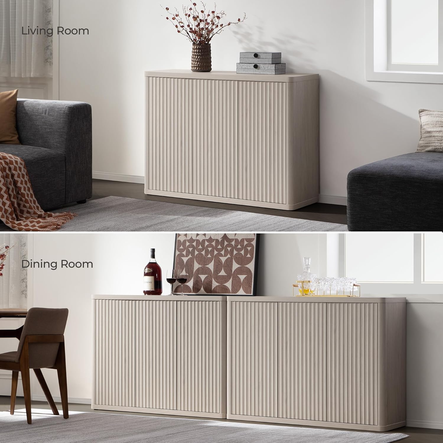 SICOTAS Buffet Cabinet with Storage Accent Sideboard with 3 Doors Modern 46.6" Wide Credenza Fluted Buffet Table Media Console Cabinet Entryway Cabinets for Living Room Kitchen Dining Room Hallway