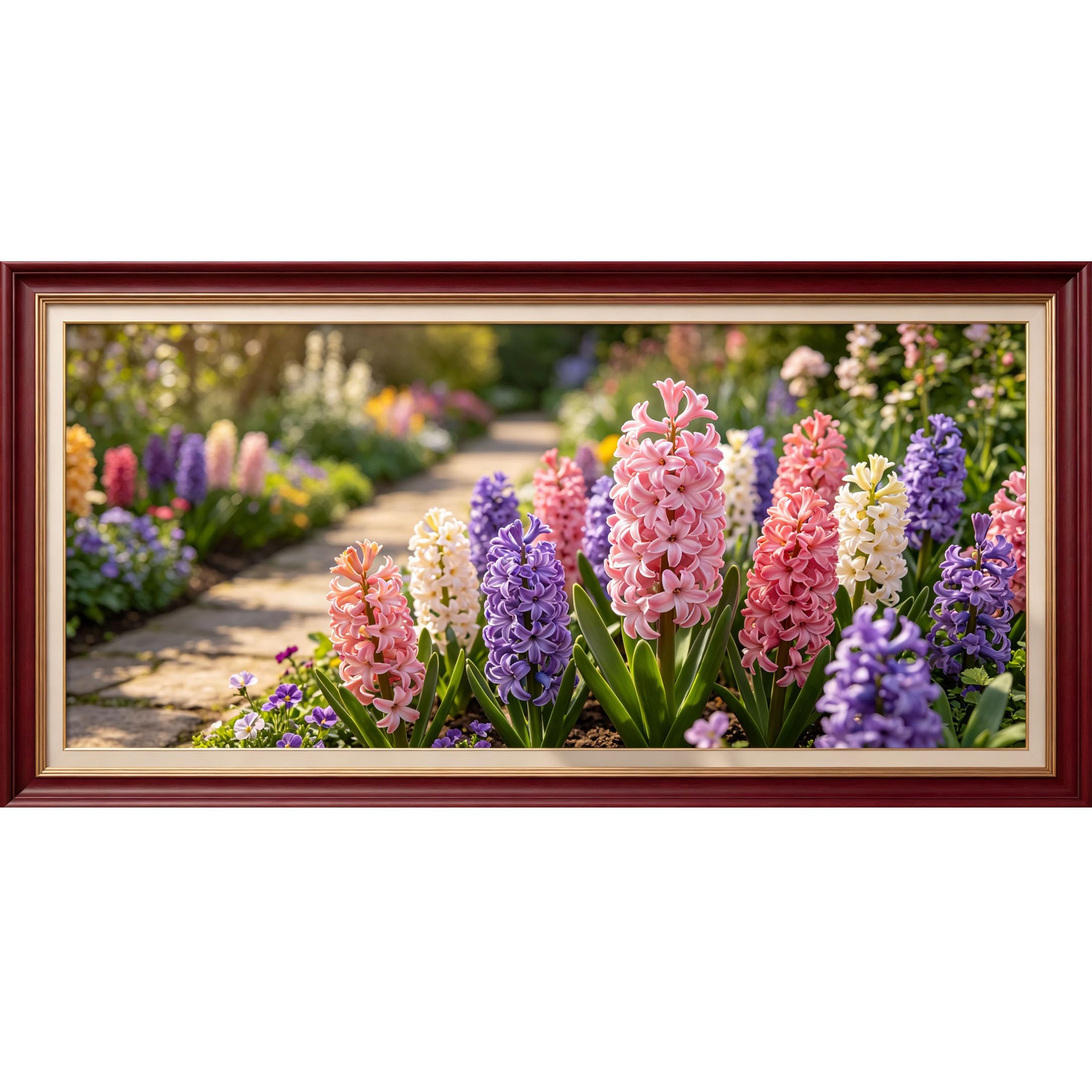 Agglomerix 3D Framed Wall Art Hyacinth Garden Path Floral Botanical Landscape Large Size Self-Adhesive Removable Wall Decor Prints Artwork for Living Room Bedroom Office