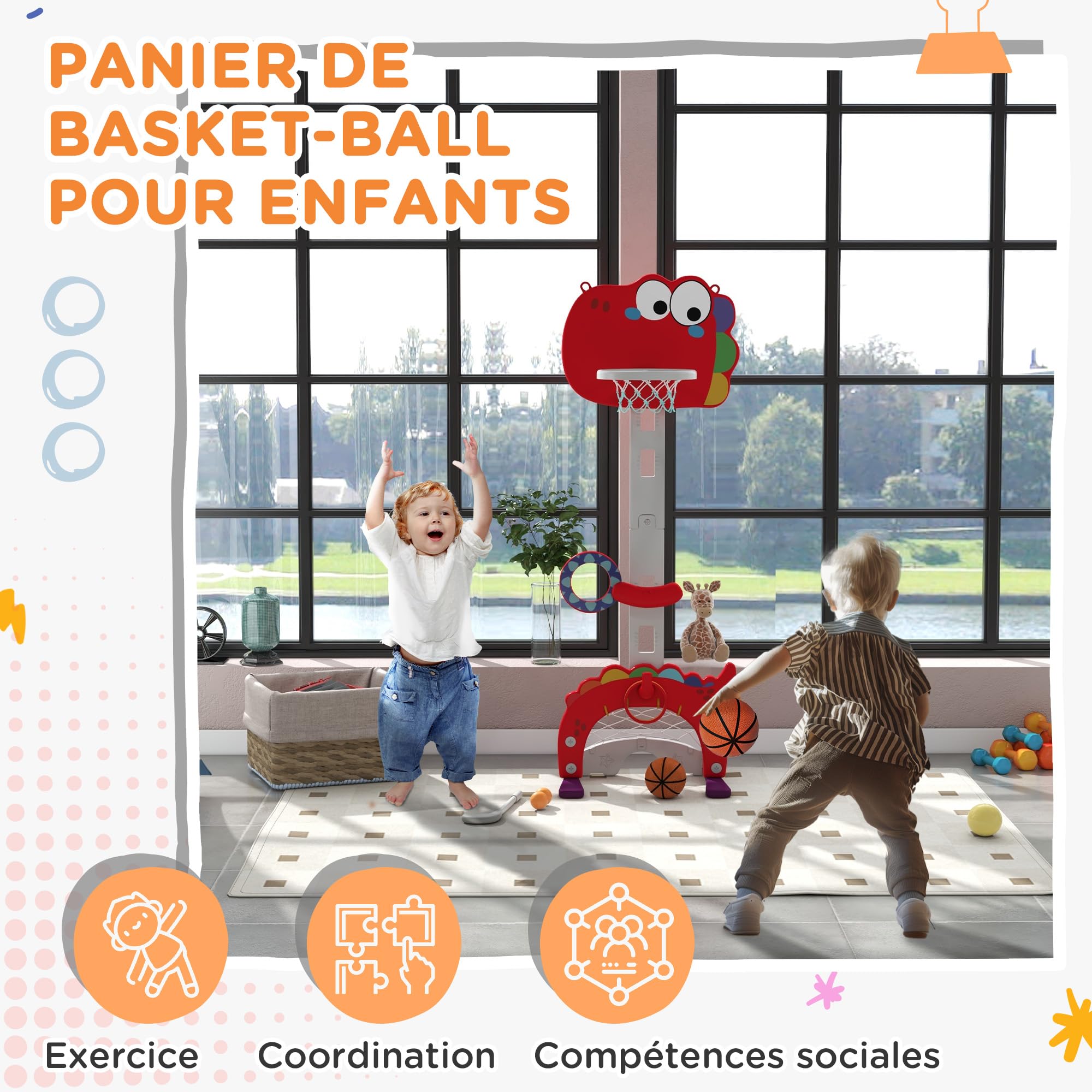 AIYAPLAY Panier de Basket-Ball pour Enfants Hauteur Réglable 3-6 Ans Rouge