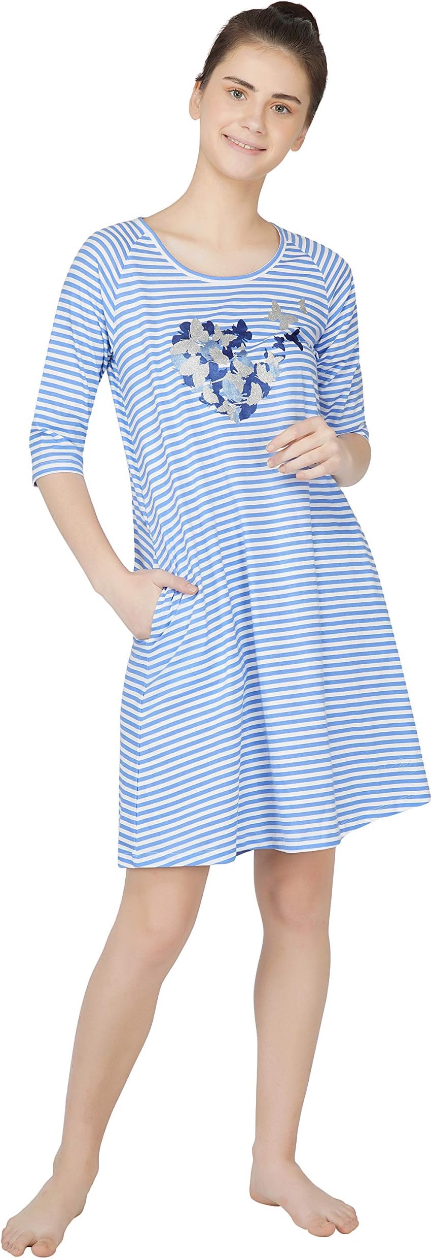Women's Cotton Striped Sleep Shirt -Night Shirt-Long T Shirt -