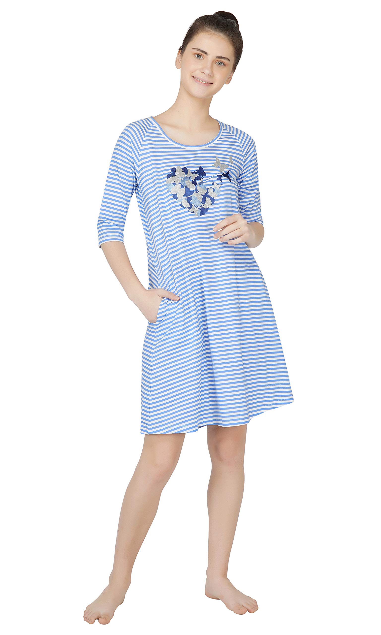 Women's Cotton Striped Sleep Shirt -Night Shirt-Long T Shirt -