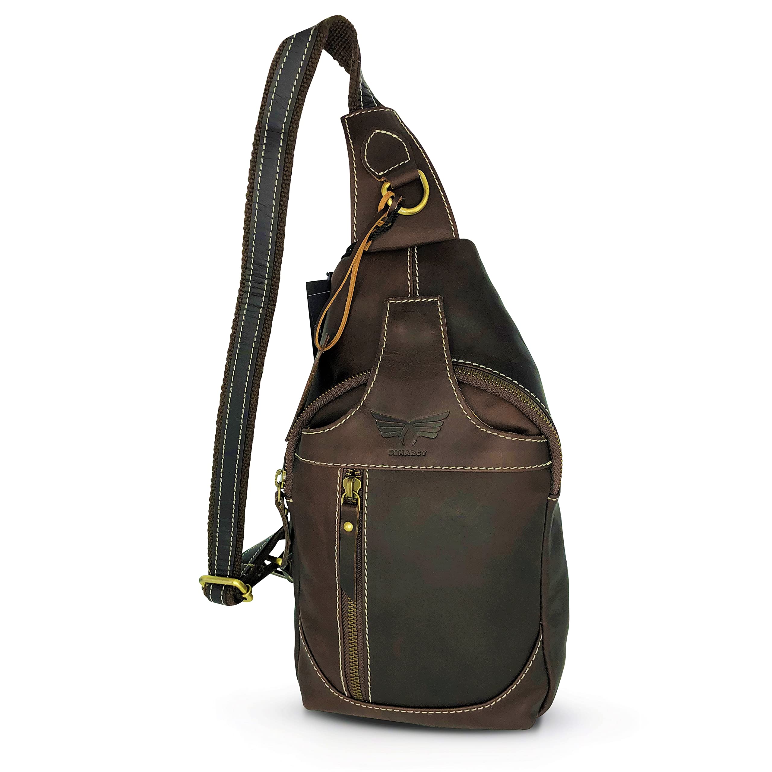 Dimarcy Leather Cross-body Sling Bag Casual Daypack Backpack Chest Shoulder Multi-Purpose Timeless Design Small Men (Dark Brown)