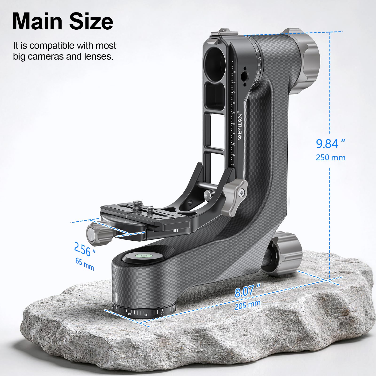 WEYLLAN Tête de Trépied Professionnelle en Fibre de Carbone, Panoramique 360° avec Plaque Dégagement Rapide Arca 1/4'' 3/8'' pour Appareil Photo Reflex Numérique, Charge 20kg
