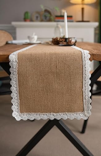 Miniatura 7 de Camino de mesa de yute natural rústico para mesa de comedor de granja con dobladillo de encaje para boda, fiesta, camino de mesa lavable, camino de
