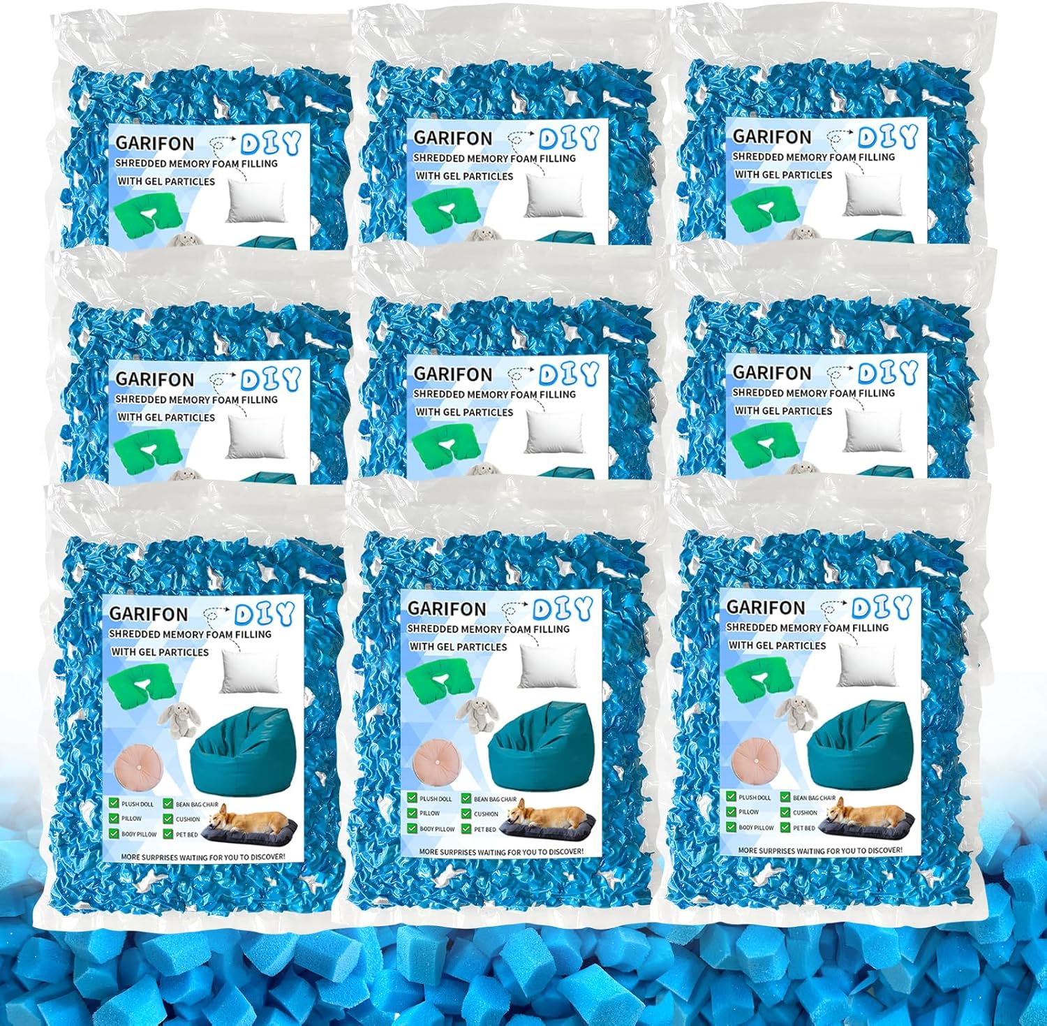 45lbs Bean Bag Filler, Pillow Filler Stuffing, Bean Bag Filling, Shredded Memory Foam Filling, Punching Bag Filler, Foam Refill for Pouf/Ottoman Stuffing/Boxing Bag(Electric Blue & White)