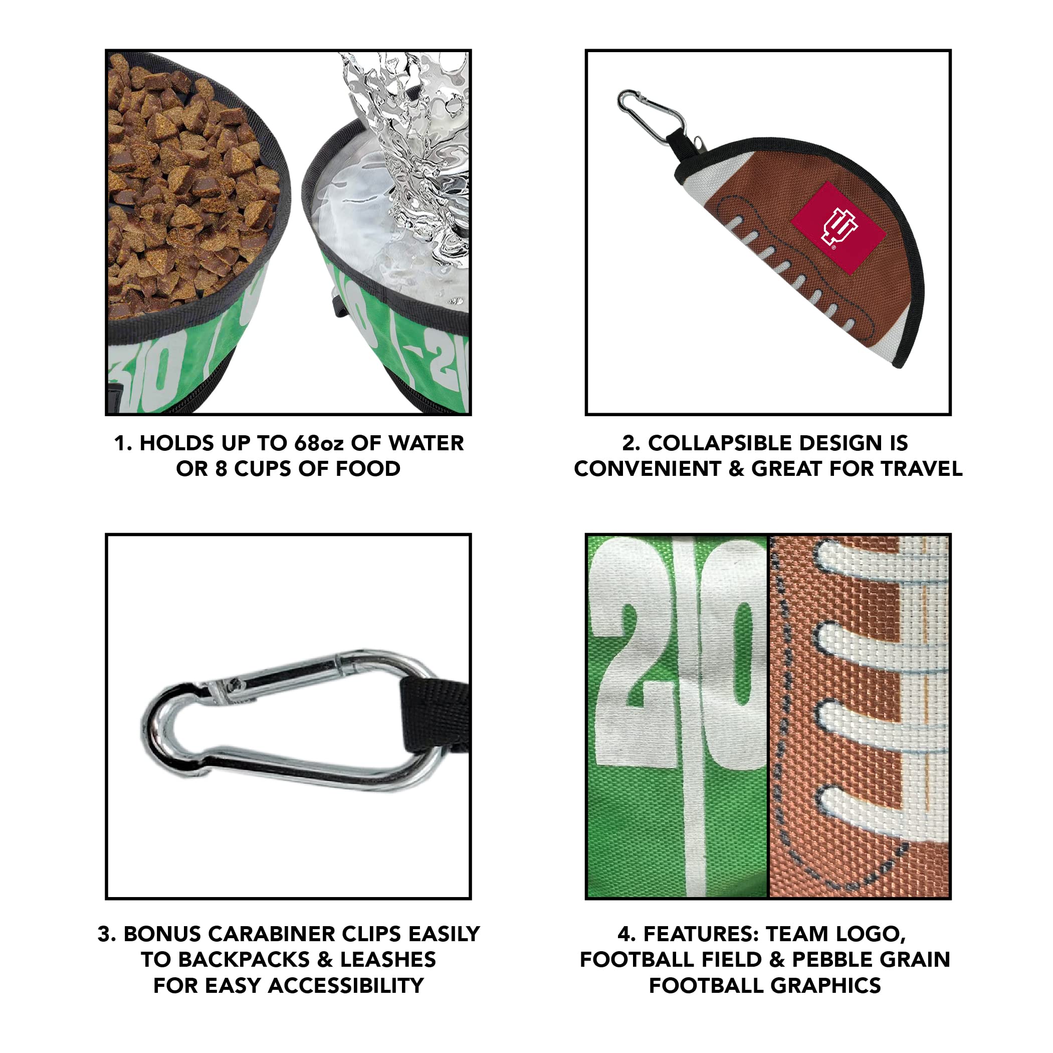 Pets First NCAA Indiana Hoosiers - Ciotola da viaggio pieghevole per cani e gatti, ciotola per cibo e acqua, leggera, a prova di perdite, per viaggi, con campo da calcio e design a grana di ciottoli