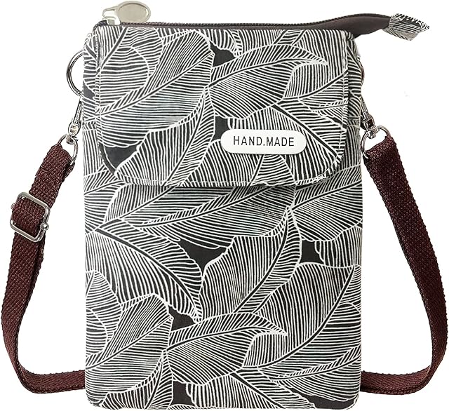 LassZone Canvas Cute Crossbody Handbags Cell Phone Purse Wallet Leaves Pattern Small Change Pouch Bags for Women Girls