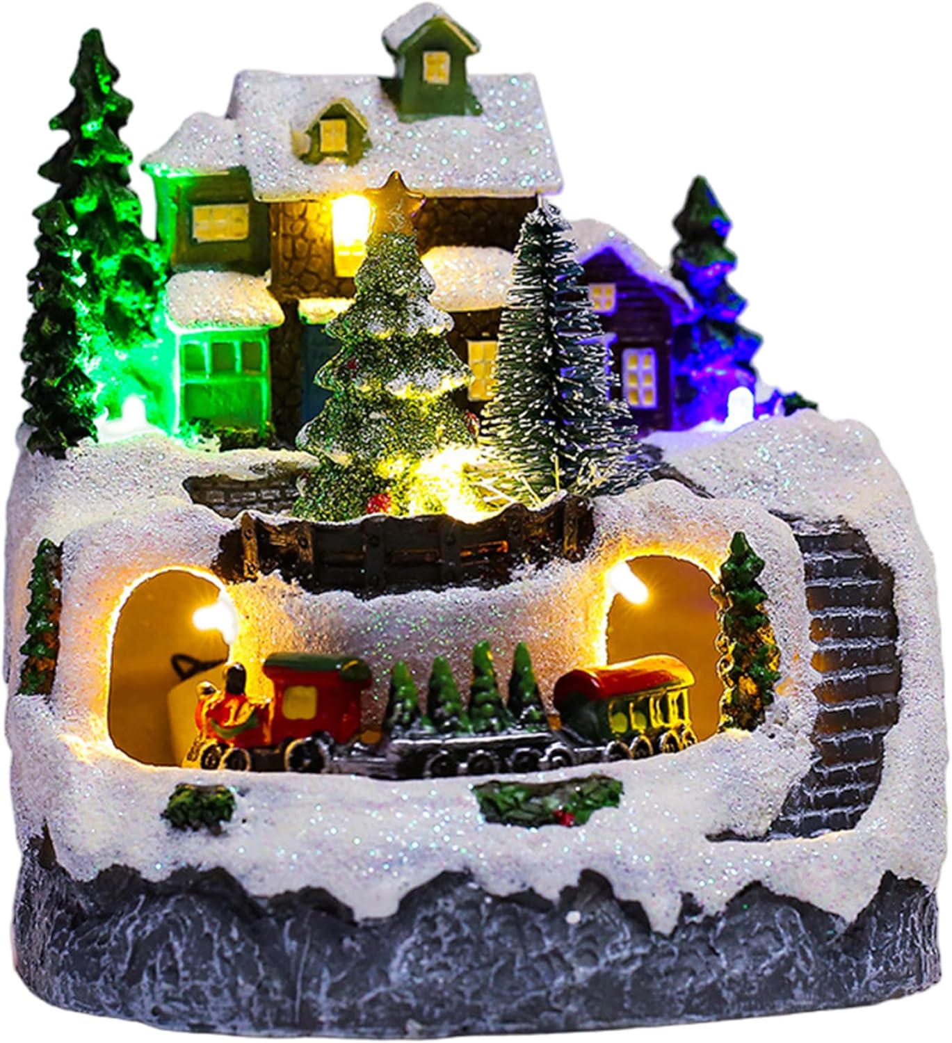 Christmas Village Houses LED Lighted Musical Snow Christmas Houses with Train and Trees for Winter Xmas Holiday Tabletop Mantel Decor
