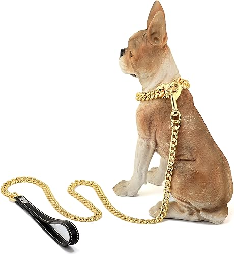 Miniatura 5 de Collar de perro de cadena dorada de metal de acero inoxidable con eslabones cubanos de eslabones cubanos fuerte y resistente, a prueba de mordidas,
