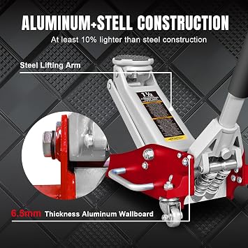Big RED 1.5 Ton Floor Jack,Aluminum and Steel Hydraulic Low Profile Car Jack with Dual Piston Quick Lift Pump,Lightweight Racing Floor Jack for Vehicle,3,000 lb Capacity,Red,TAM815016LR