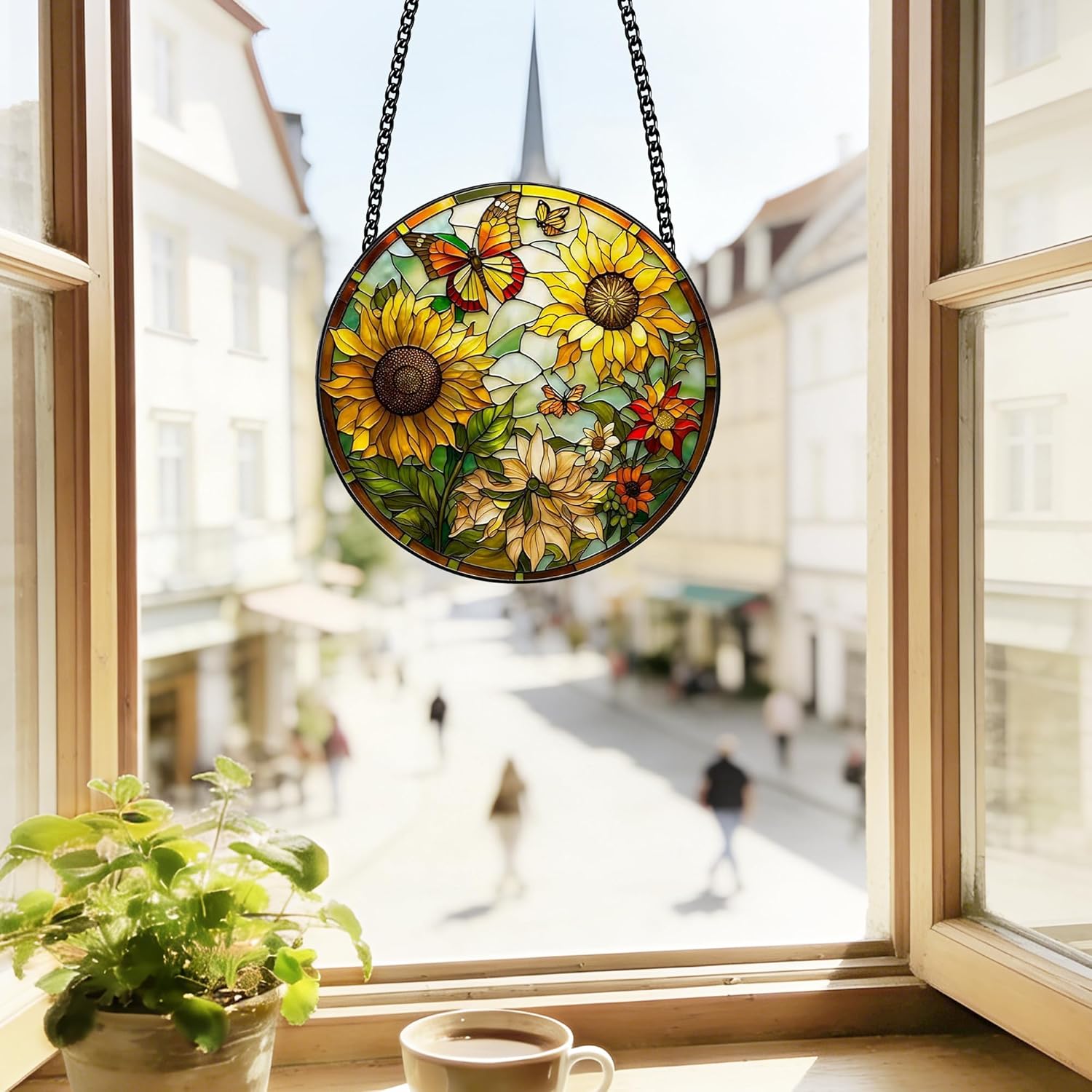 Stained Glass Window Hanging, Sunflower Sun Catchers Glass Panel Yellow Suncatcher Decor for Birthday, Women, Men, Wife, Aunt, Lovers, Home Garden 7.8 in