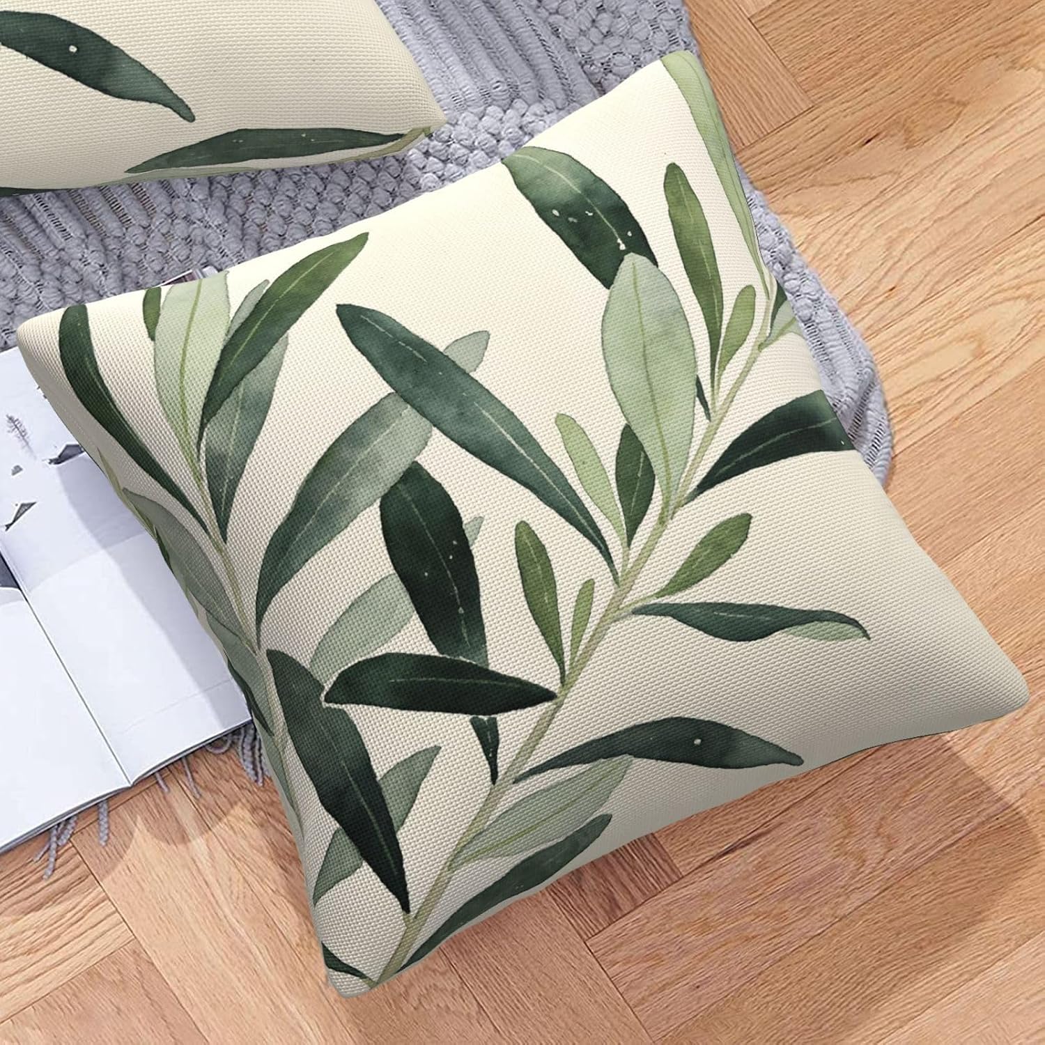 Olive Green Leaves Decorative Pillowcases 2Pcs Cushion Cover 18x18 | Botanical Plant Leaf Decorative Pillow Cases Home Decor Couch Sofa Outdoor Indoor Polyester Breathable Replaceable Washable