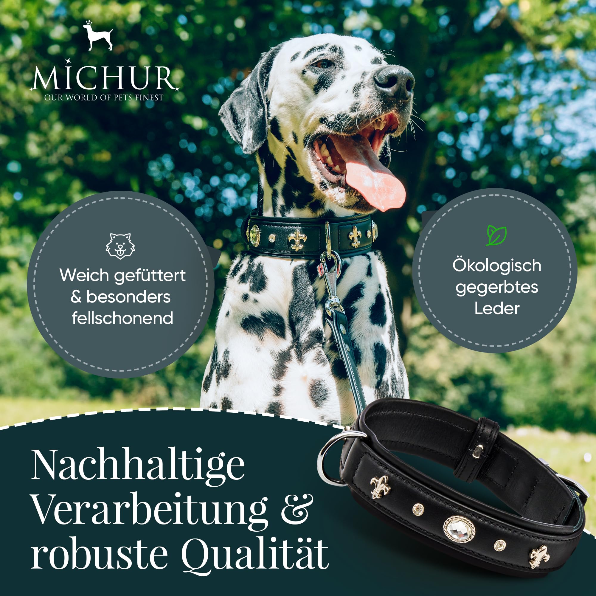 MICHUR Gala Hundehalsband Leder, Lederhalsband Hund, Halsband, Schwarz, Leder, mit Lilien,Strasssteinen und großem Kristall, in verschiedenen Größen erhältlich
