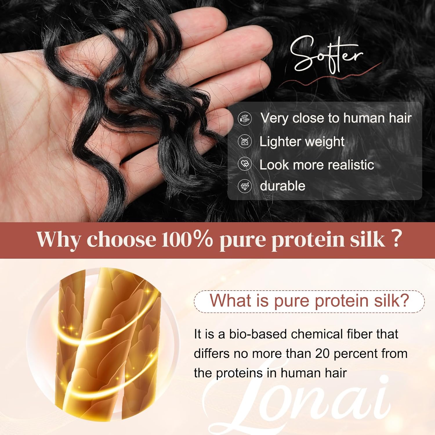 LONAI 4PC Clip in Hair Extensions, 100% Pure Protein Silk Curly Hair Extension for Women, 26 Inch Long Soft Natural Hair Extensions-Natural Black - Image 3