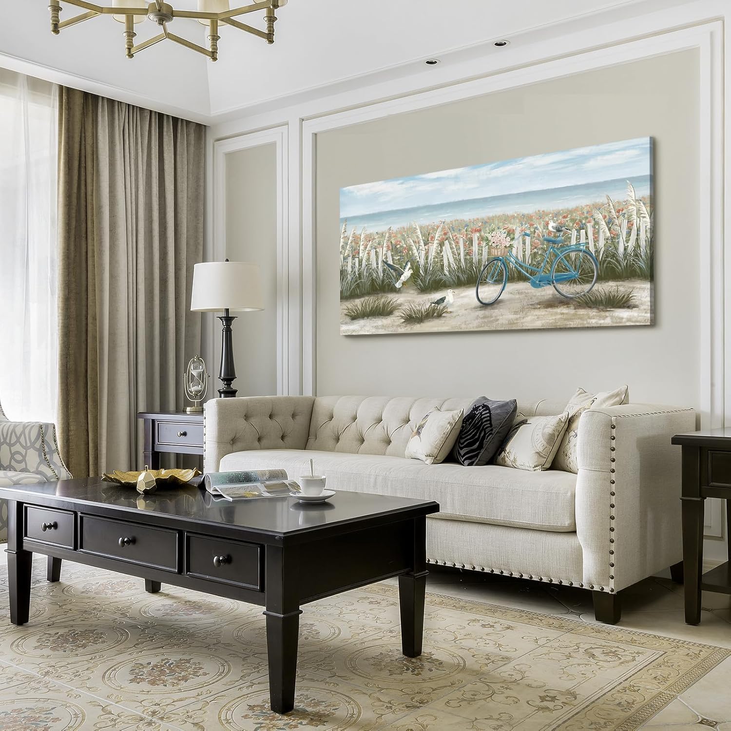 Framed Wall Art for Living Room Blue Ocean Beach Sunset Seascape Painting Abstract Coastal Flowers Canvas Print Seaside White Wildflowers Picture Sunrise Yellow Orange Sky Nature Landscape 24x48inch