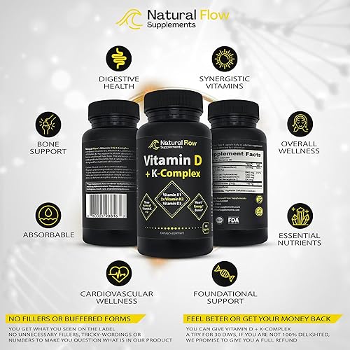 Miniatura 6 de Vitamina D3 con suplemento K2 y K1 – Complejo de vitamina D3 y K de flujo natural, D3 5000iu con vitamina K2 MK4 + MK7 y K1 para apoyo óseo, corazón