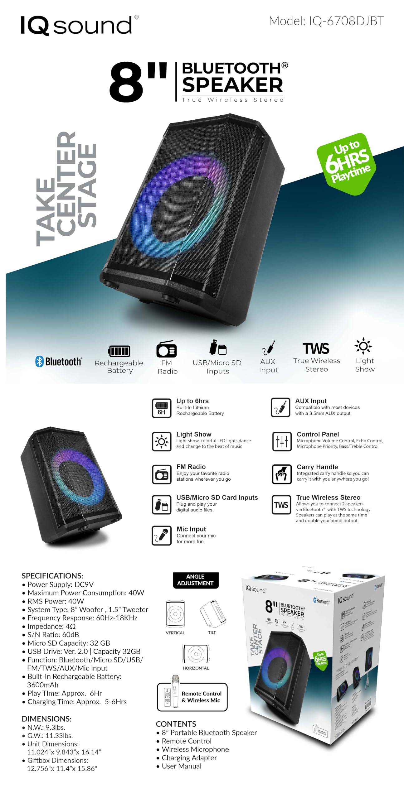 Supersonic IQ Sound IQ-6708DJBT Tragbarer Bluetooth-Lautsprecher, entfesseln Sie kraftvollen Klang, schillernde Lichtshow, neigbare Audio-Verbesserung, USB/SD/AUX-Eingang, TWS und FM-Radio (8 Zoll)