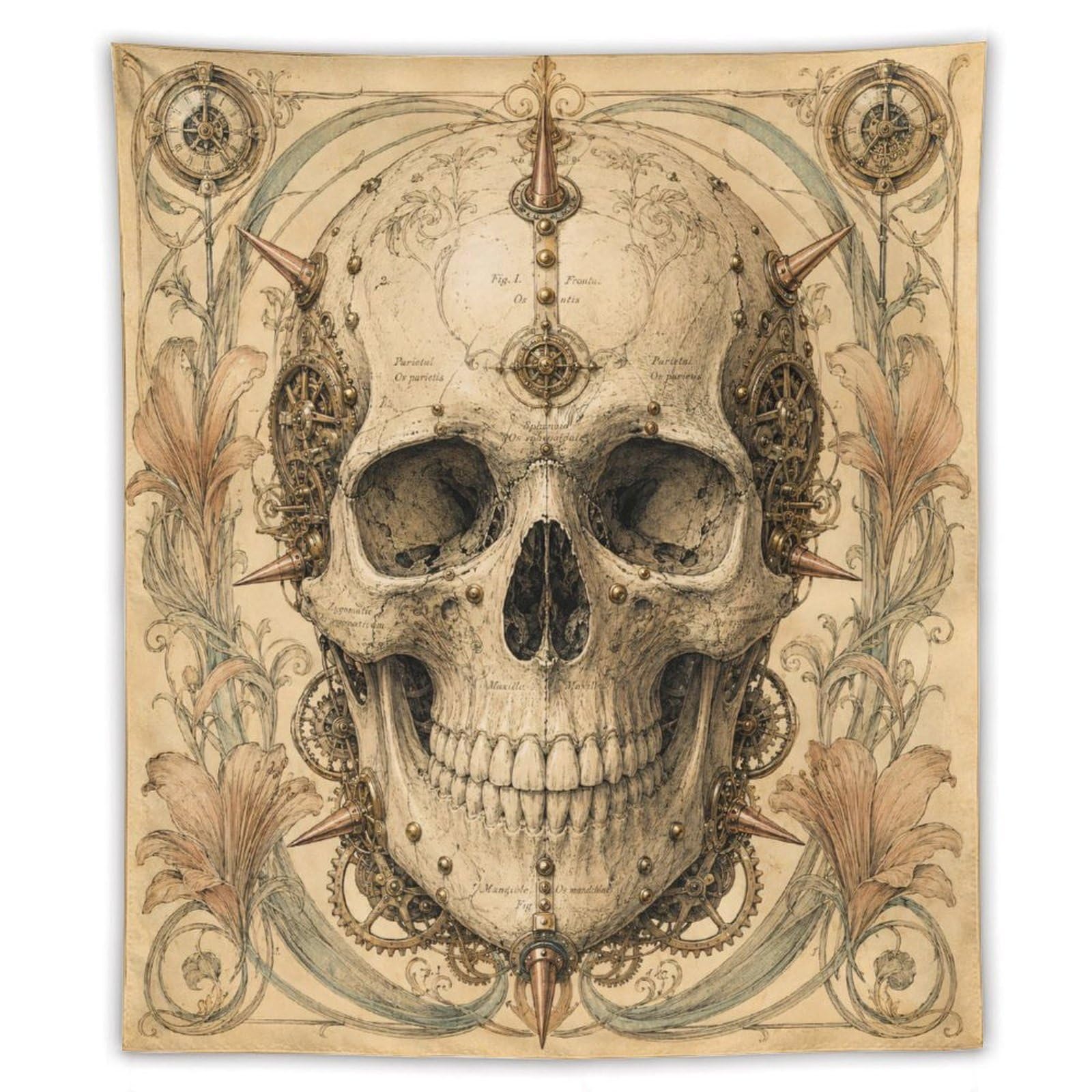 W7C8U2X3 Ornate Skull with Clockwork Wall Tapestry, Fantasy Illustration