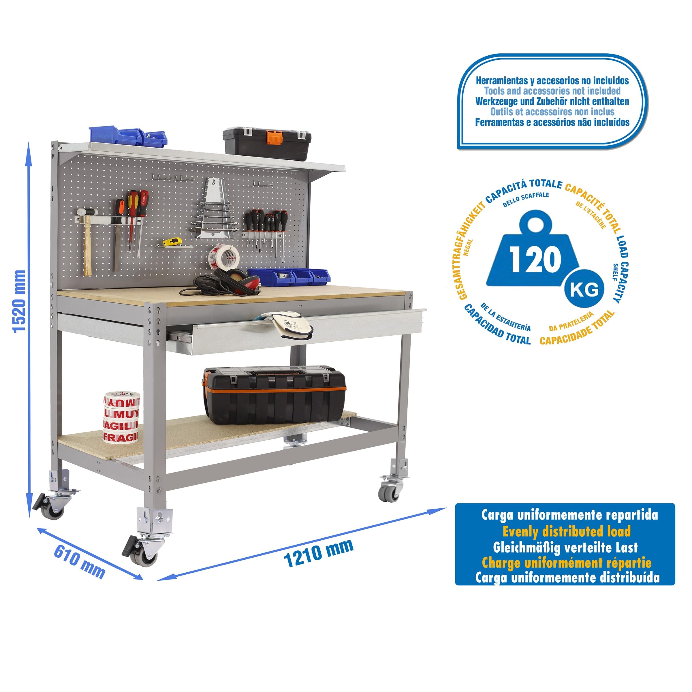 Simon Rack Banco de Trabajo Taller con Ruedas 1210x610 mm - BT3 | Panel Perforado y Cajón, Tablero madera 16 mm, Capacidad Carga 120 kg, Gris , Pintura anticorrosión, Montaje sistema clic