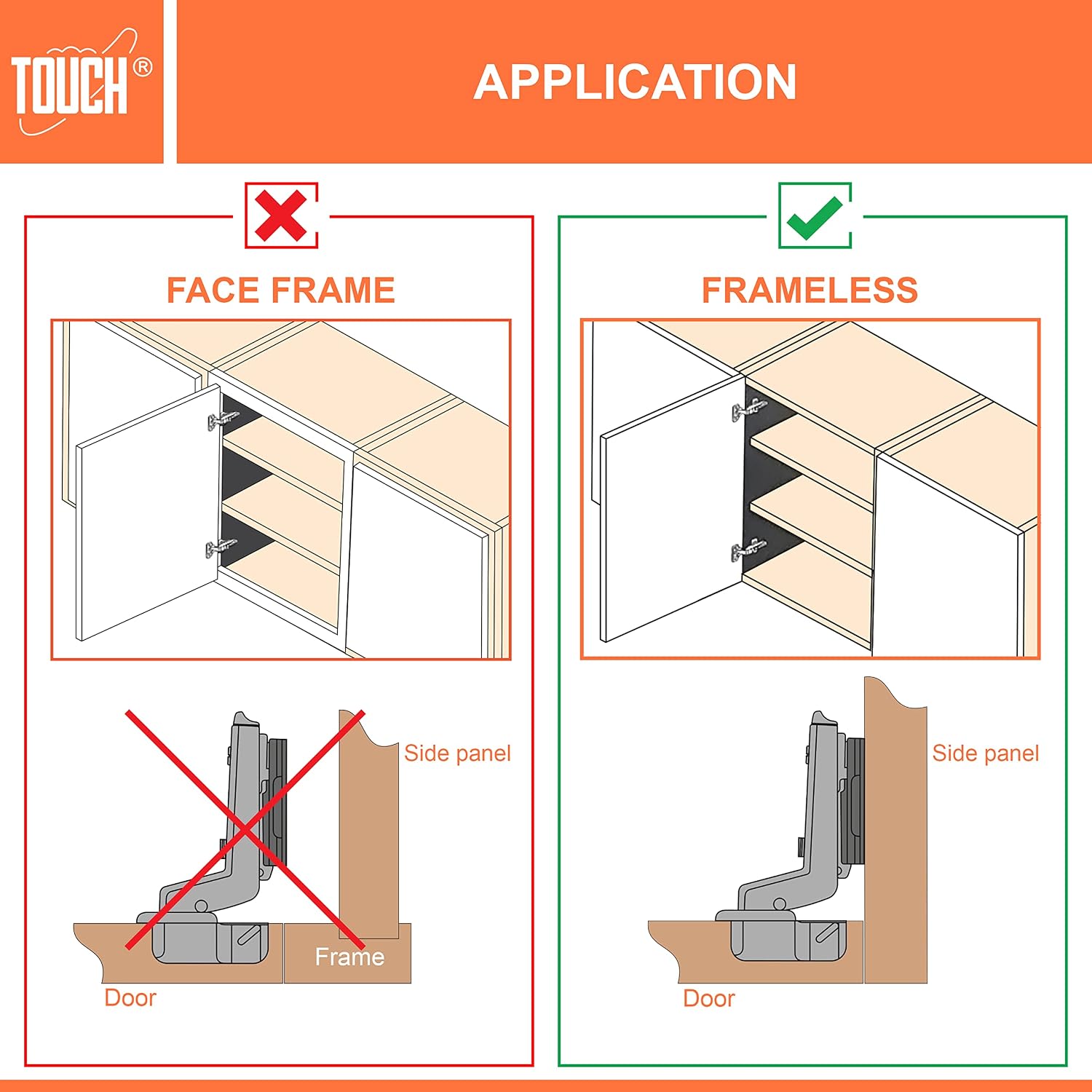 TOUCH European Frameless Inset Cabinet Hinges (5 Pairs, 10 PCS) - Nickel Plated Steel - Self Closing - 3-Way Adjustable