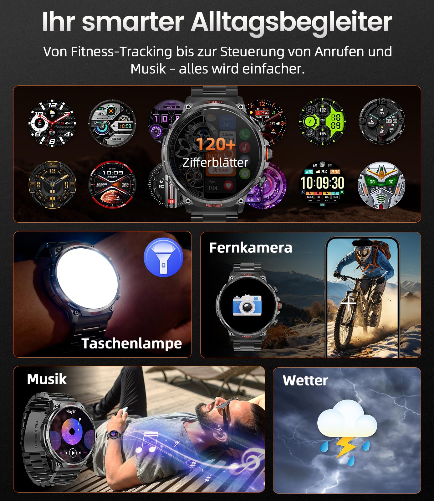 WalkerFit Smartwatch Uomo Militare 1,85", Batteria 710mAh, Orologio Smart con Chiamate & Monitoraggio Sonno, 100+ Modalità Sport, Orologio Fitness Impermeabile per Android iOS (Nero)