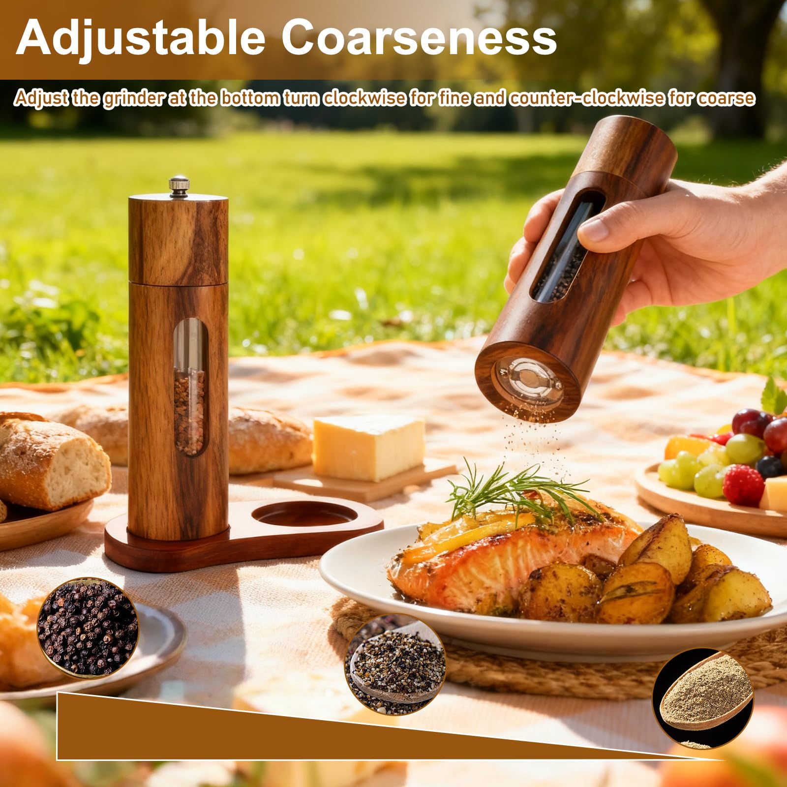 BAMBUNA Macina sale e pepe in legno di acacia, set da 5 pezzi, macinaspezie con macina in ceramica regolabile, macinaspezie manuale con sottobicchiere e cucchiaio, made in Germany