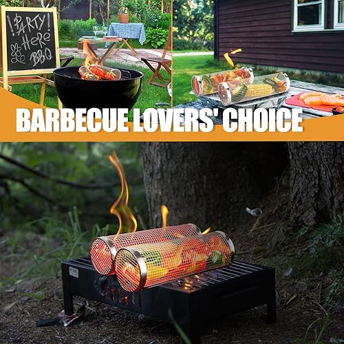 Miniatura 5 de Everpeak Cesta para parrilla de acero inoxidable, cesta rodante para parrilla al aire libre, cestas grandes para herramientas de barbacoa para asar