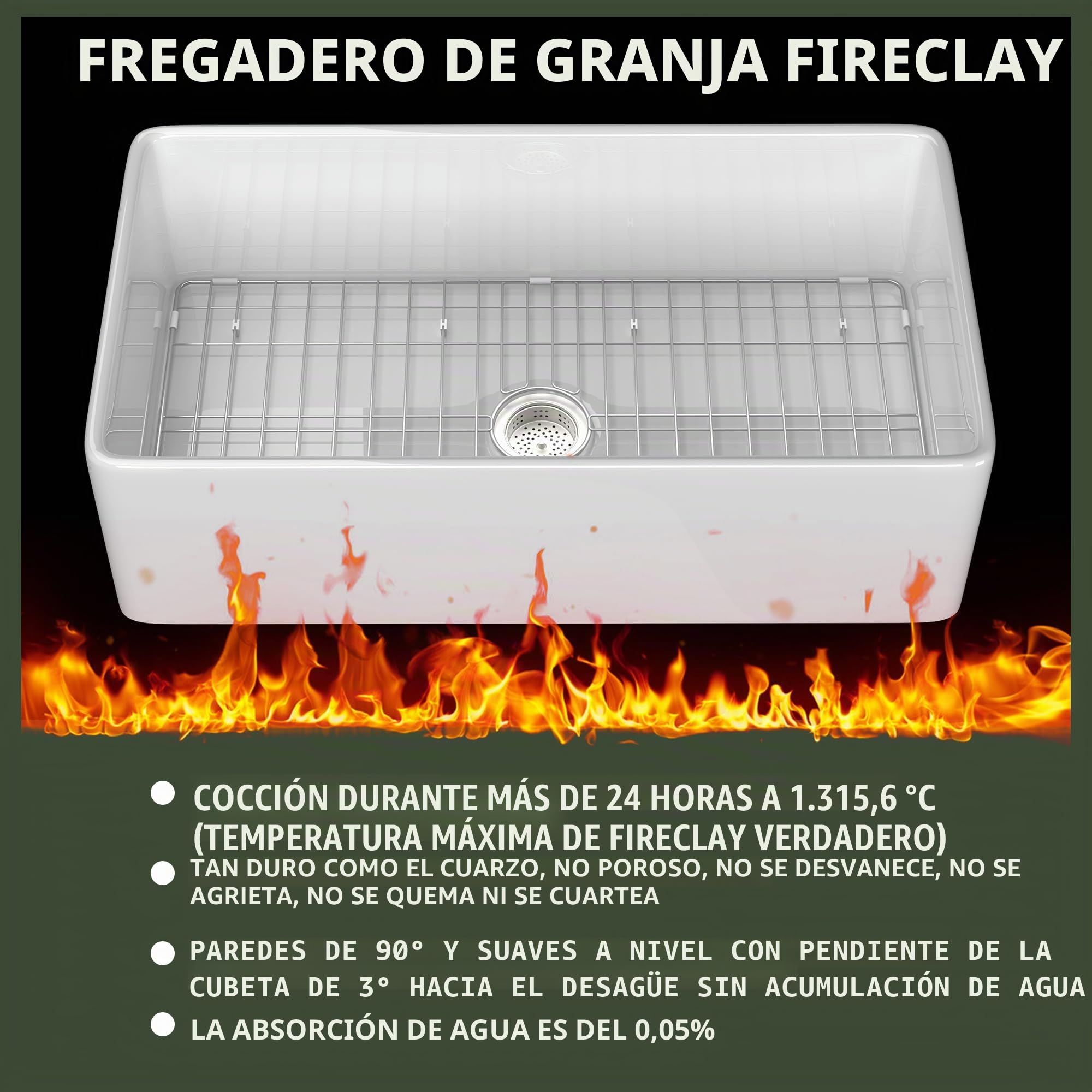 TUKTUK Fireclay Farmhouse - Delantal de fregadero de cocina frontal de un solo tazón para fregadero de cocina profundo con rejilla inferior personalizada y colador