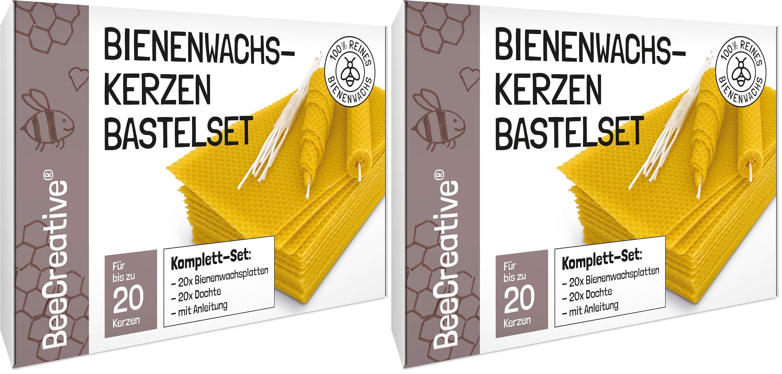 BeeCreative Bienenwachs-Kerzen Bastelset für 20 Kerzen, 100% reines Bienenwachs, Bienenwachskerzen selber machen mit Bienenwachsplatten (Packung mit 2)