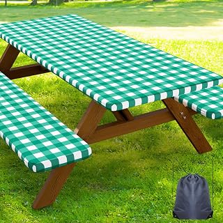 Smiry 6FT Picnic Table Cover with Bench Covers, Elastic Fitted Tablecloth