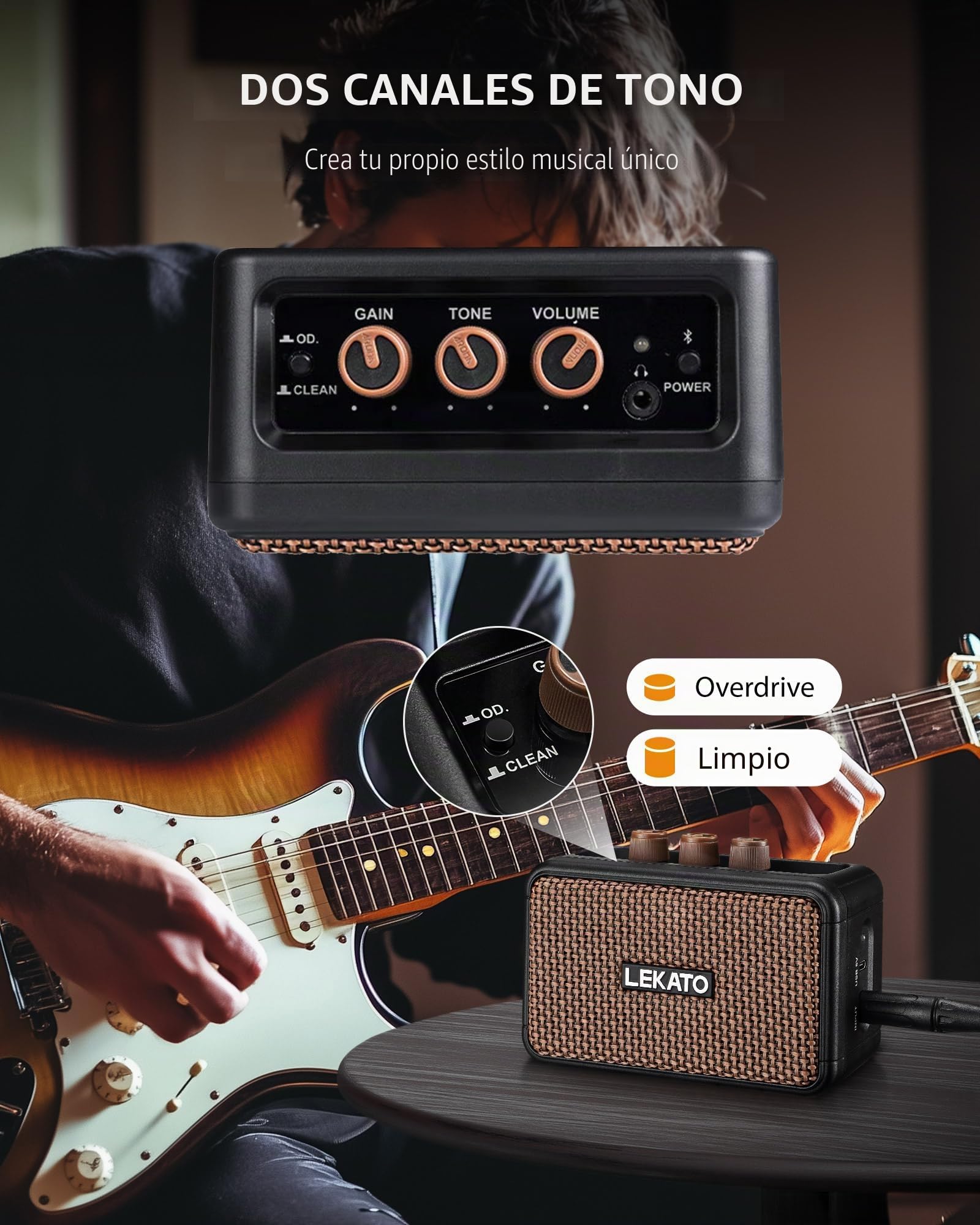 LEKATO - Amplificador de guitarra eléctrica inalámbrico recargable de 5 W con efectos Clean/Overdrive, portátil Bluetooth 5.0 para práctica en casa y fiesta musical